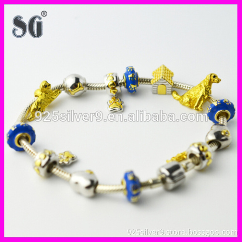 Customized Animal Gold Dog Enamel & Rhodium 925 Sterling Silver Charm Bracelets